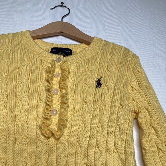 Ralph Lauren Size 7 Yellow Girls Cable Knit Sweater EUC Quarter Button Ruffle S - Picture 7 of 9